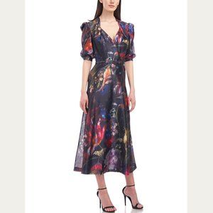 KAY UNGER Morgan Cocktail Dress Tea Length Size 0 - Black Blurred Watercolor NWT